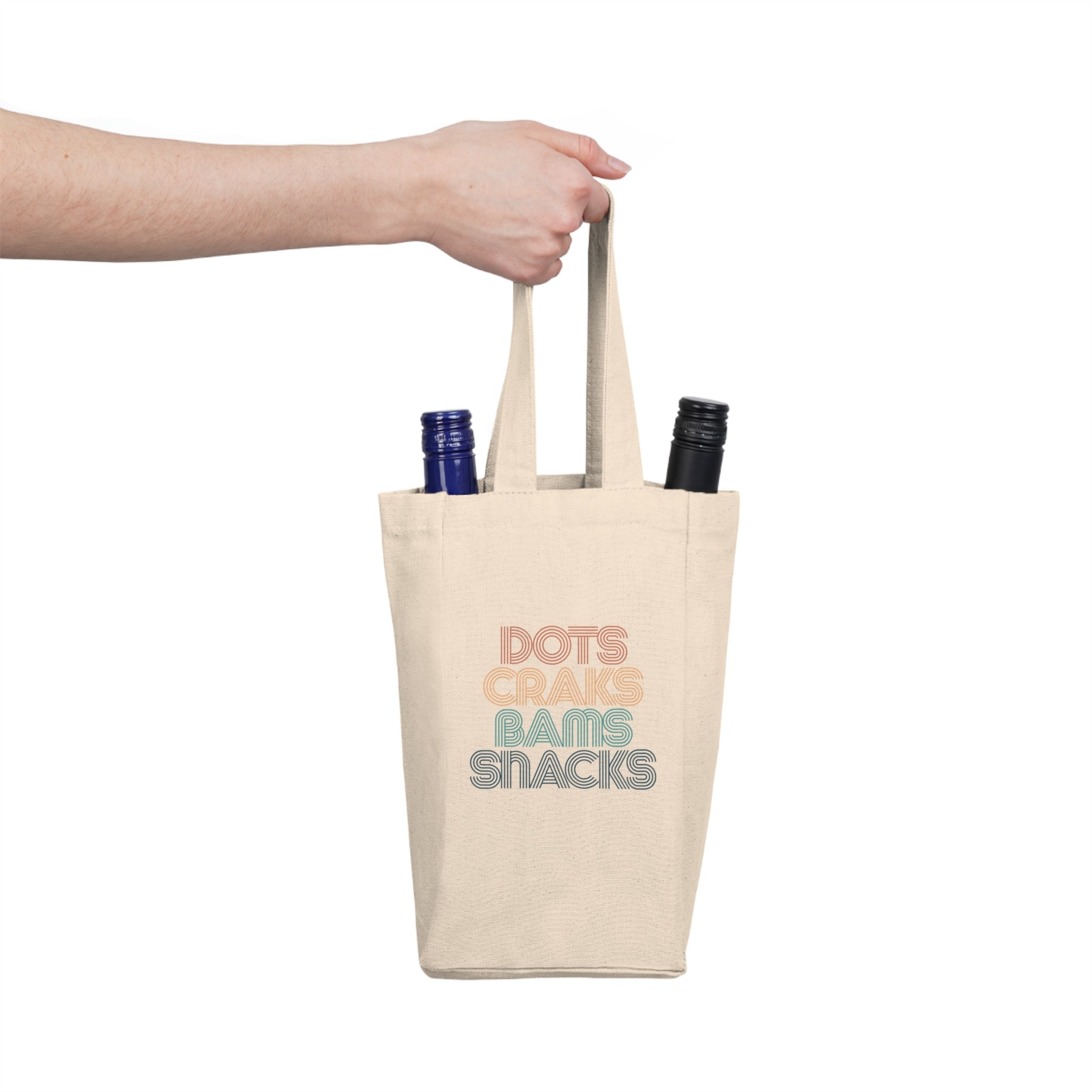 Double Wine Tote Bag — Retro 'Dots Craks Bams Snacks' Wine Carrier