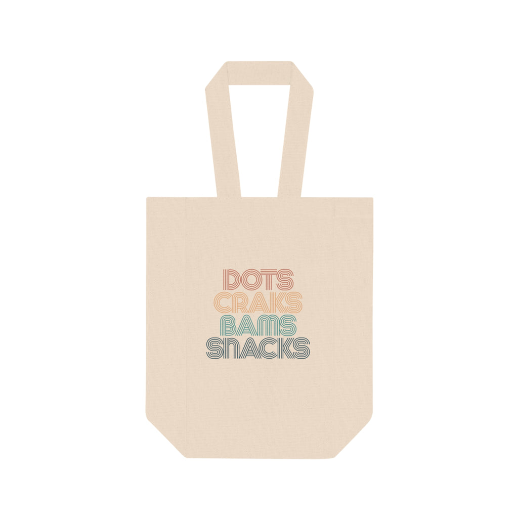 Double Wine Tote Bag — Retro 'Dots Craks Bams Snacks' Wine Carrier
