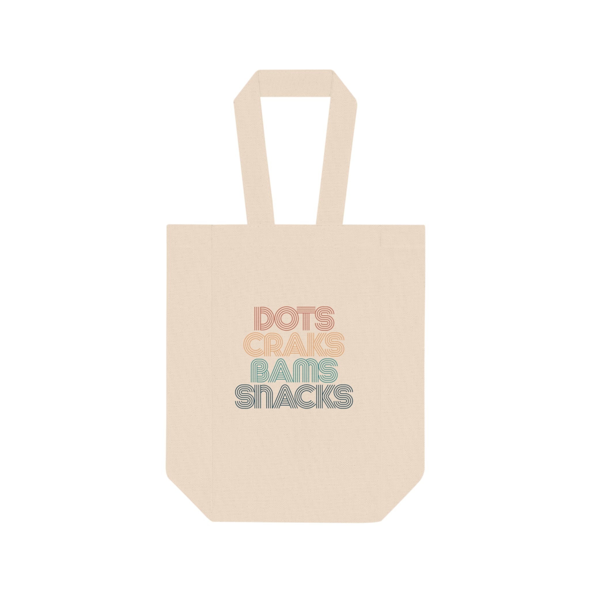 Double Wine Tote Bag — Retro 'Dots Craks Bams Snacks' Wine Carrier
