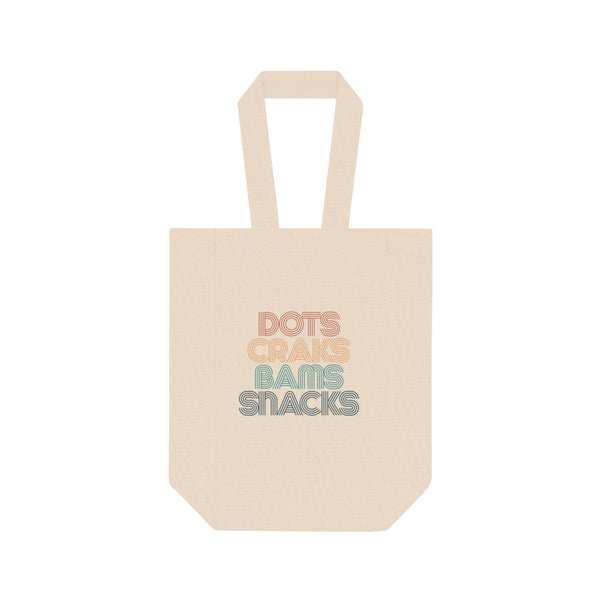 Double Wine Tote Bag — Retro 'Dots Craks Bams Snacks' Wine Carrier