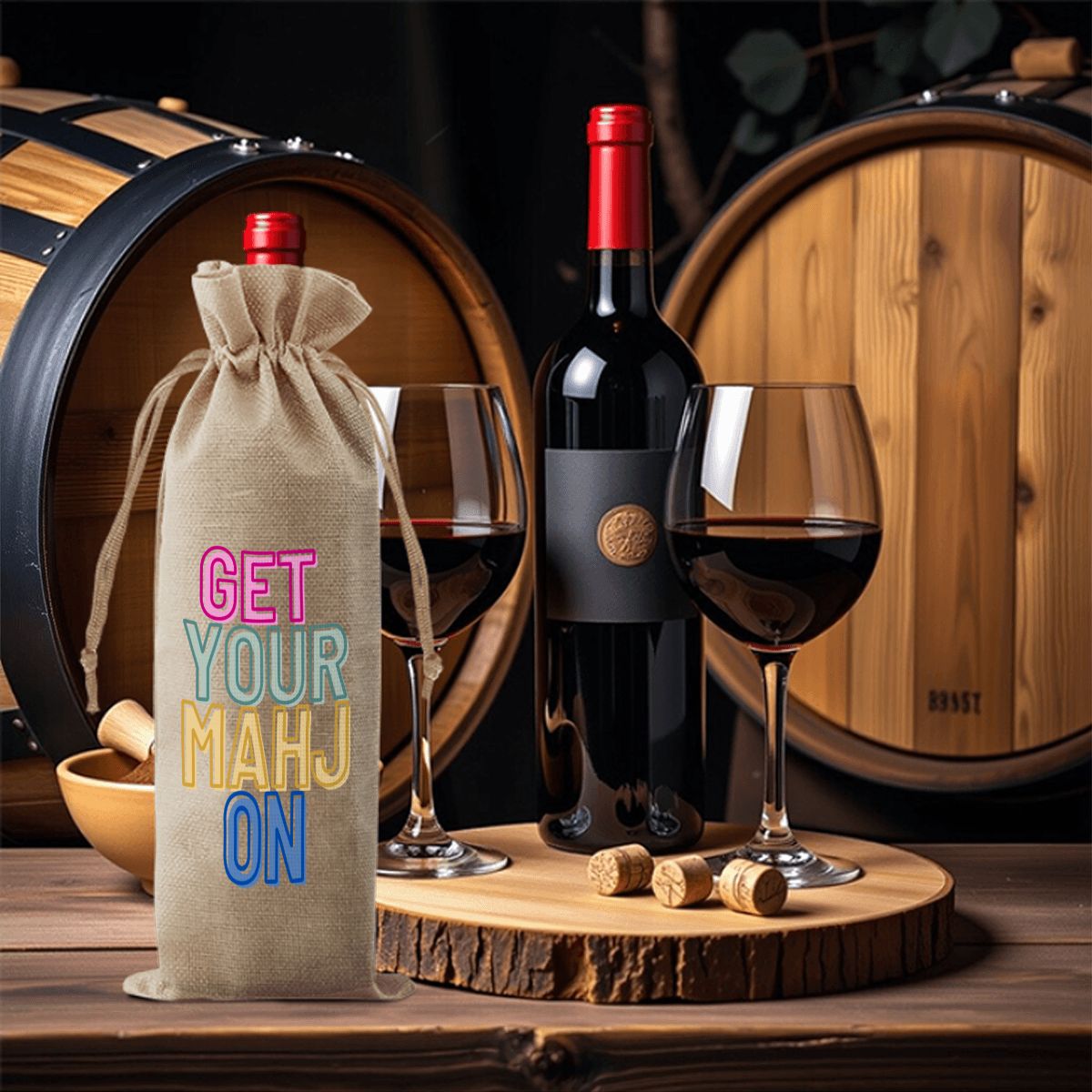 Mahjong Linen Wine Bag "Get Your Mahj On"