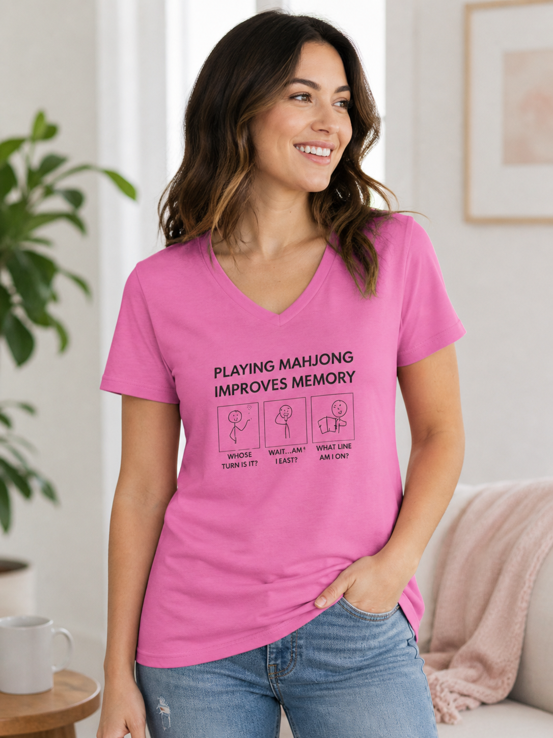 T-Shirt - Playing Mahjong Improves Memory (Womens V-Neck)