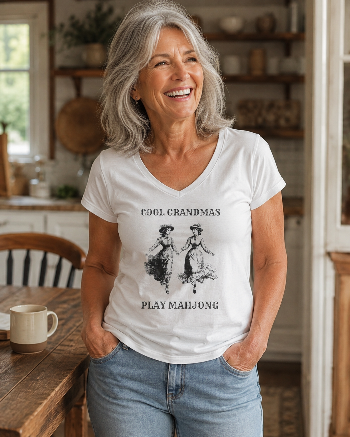 T-Shirt - Cool Grandmas Play Mahjong (Women's V-Neck) Main image