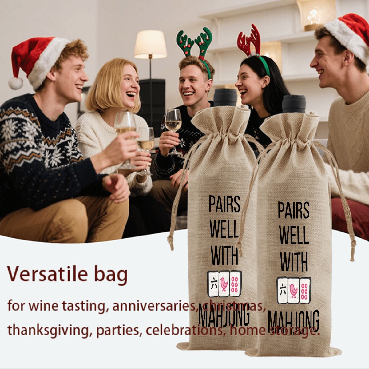 Mahjong Linen Wine Bag "PAIRS WELL WITH MAHJONG"