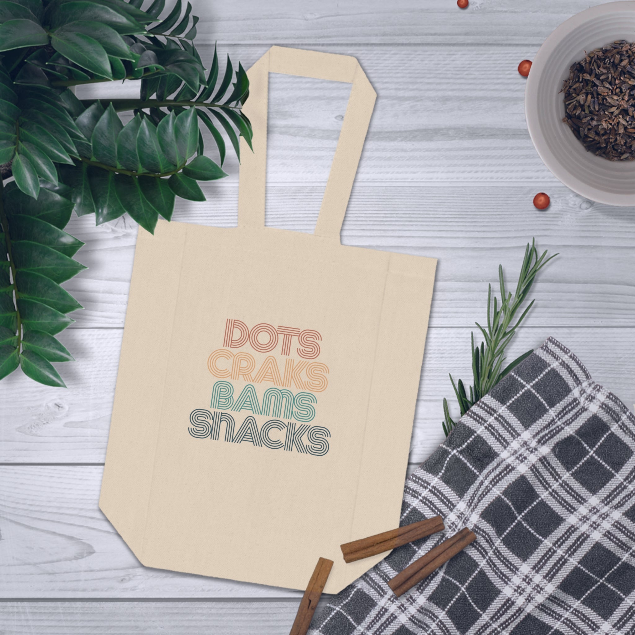 Double Wine Tote Bag — Retro 'Dots Craks Bams Snacks' Wine Carrier