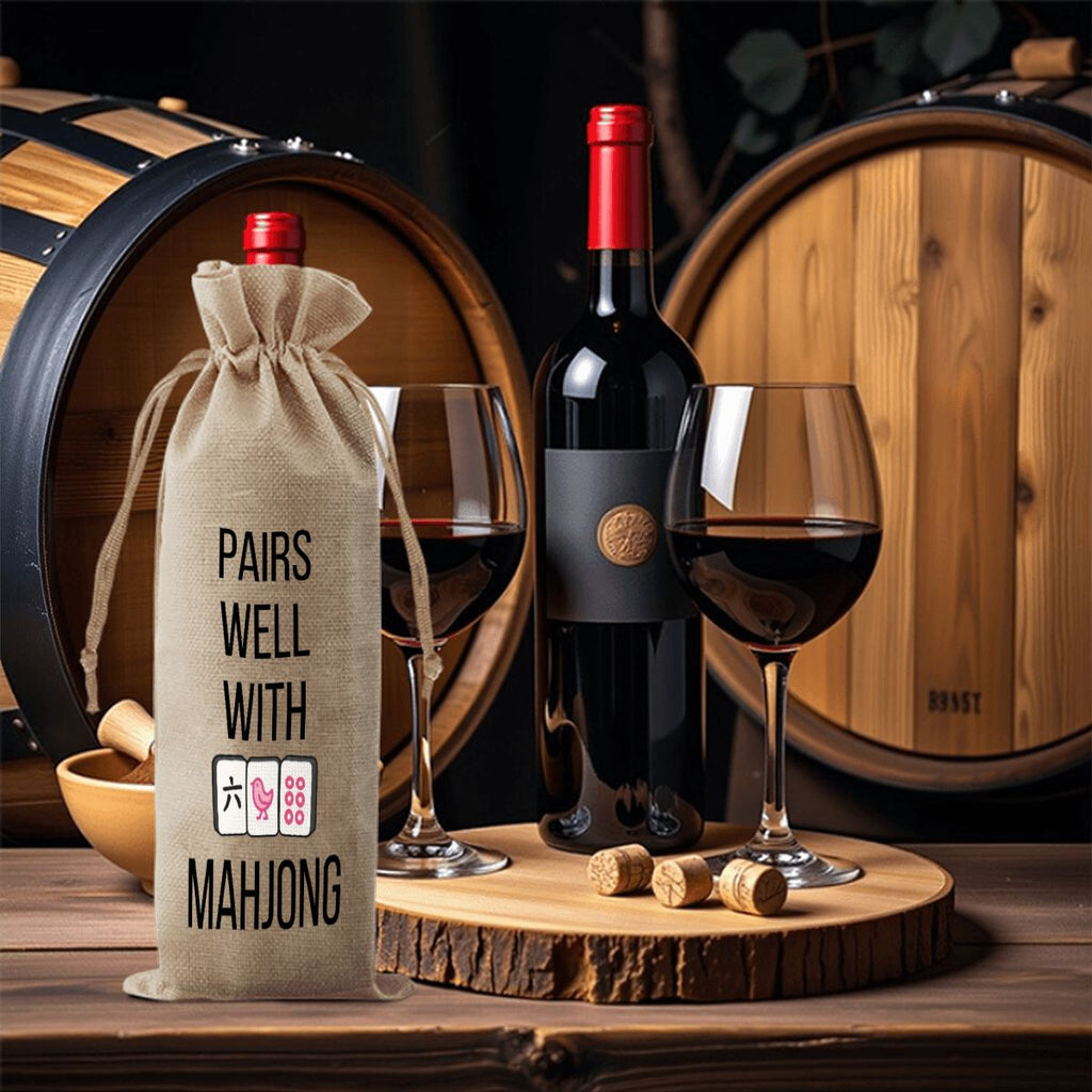 Mahjong Linen Wine Bag "PAIRS WELL WITH MAHJONG"