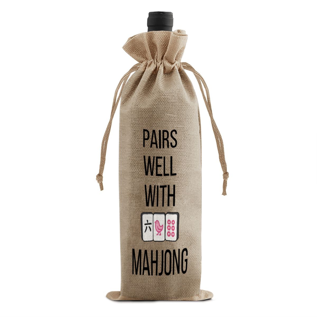 Mahjong Linen Wine Bag "PAIRS WELL WITH MAHJONG" Main image