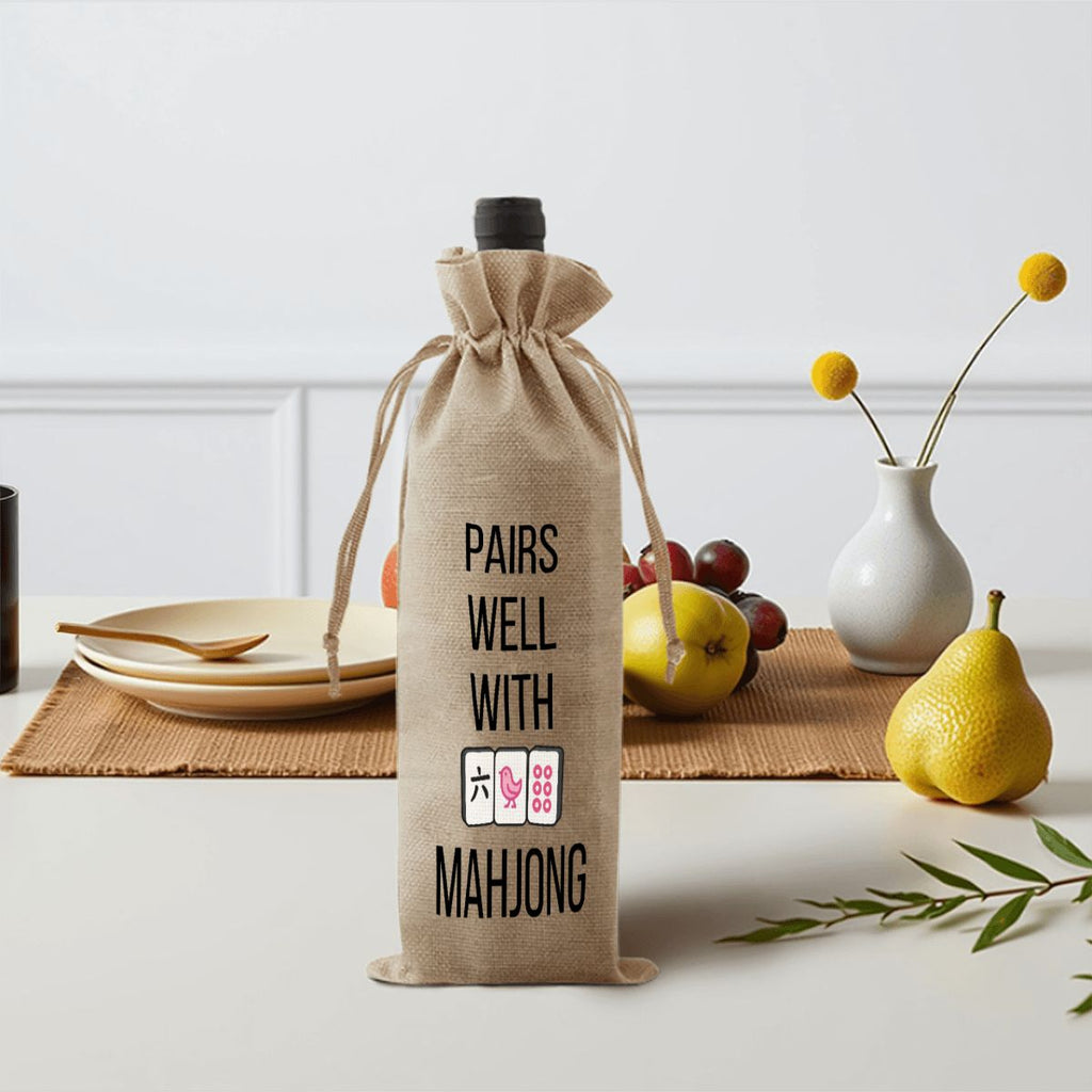 Mahjong Linen Wine Bag "PAIRS WELL WITH MAHJONG"