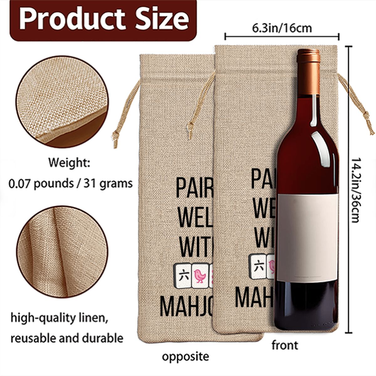 Mahjong Linen Wine Bag "PAIRS WELL WITH MAHJONG"